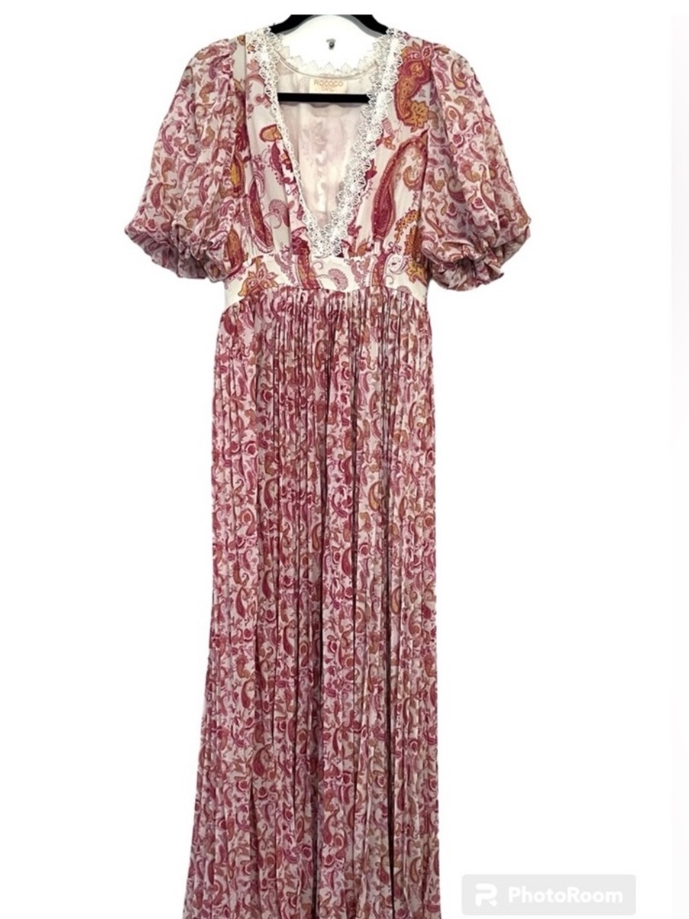 Rococo Sand Pink Paisley Lace-Trim Maxi Dress